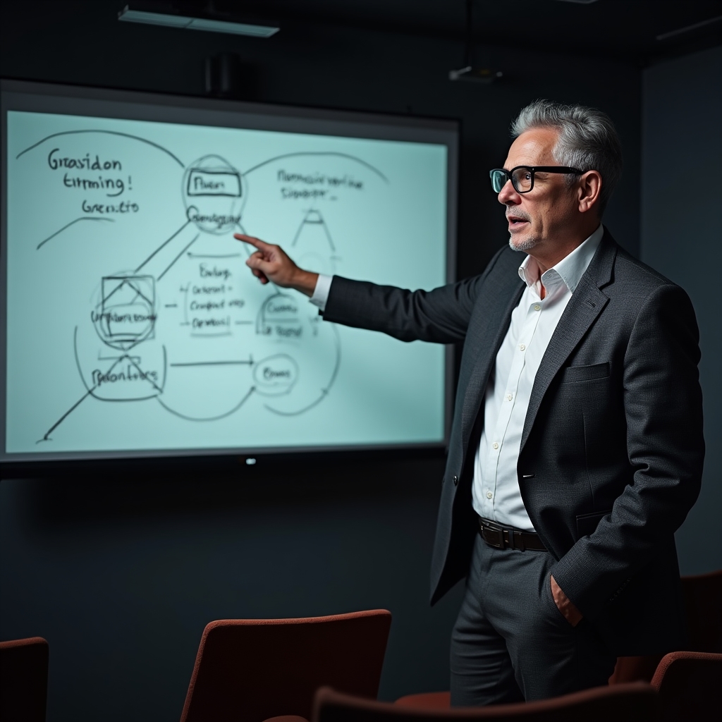 Prowadzący kurs tłumaczący mechanizmy wyszukiwarek przy tablicy z diagramami